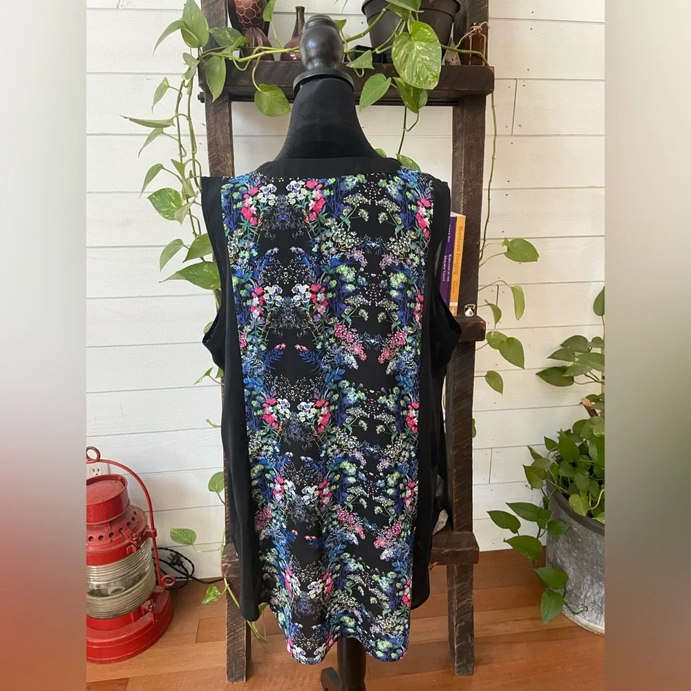 Nicole Miller: Long Black BoHo Flowy Floral Button Down Blouse
